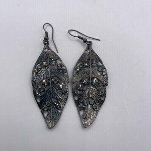 Vintage Black With Black Rhinestone Feather Drop Earrings 3”